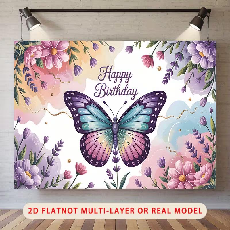 2D Elegant Butterfly Floral Happy Birthday Backdrop Watercolor Party Background