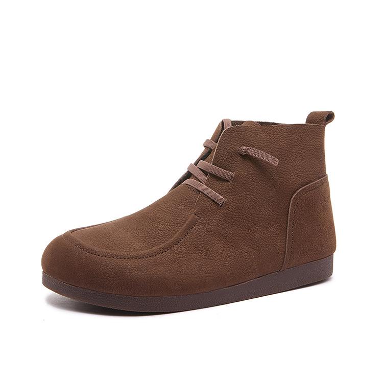Johnature Retro Genuine Leather Flat Ankle Boots Handmade Soft Cowhide Elastic Band Soft Soled Women's Shoes