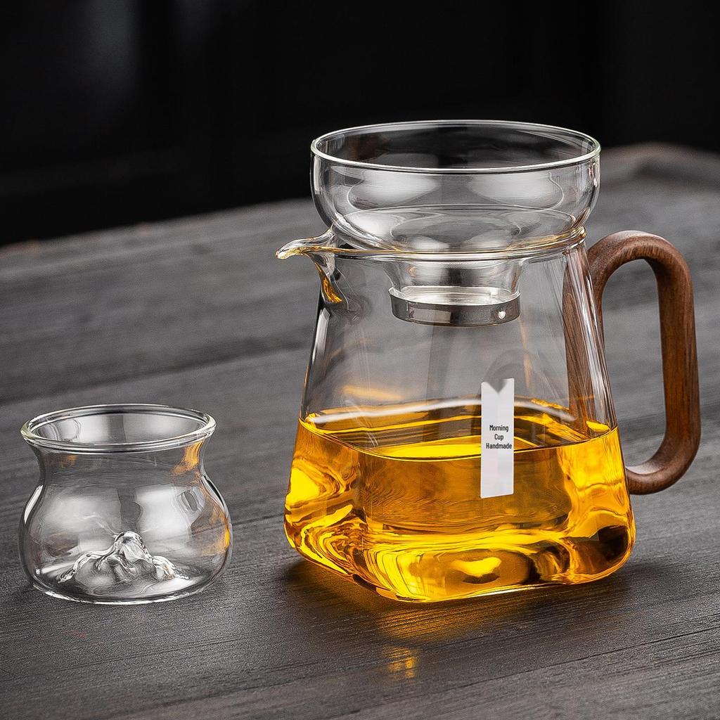 Wooden Handle Glass Gong Dao Bei: High-Temperature Resistant, Thickened Filter Tea Infuser Cup Set
