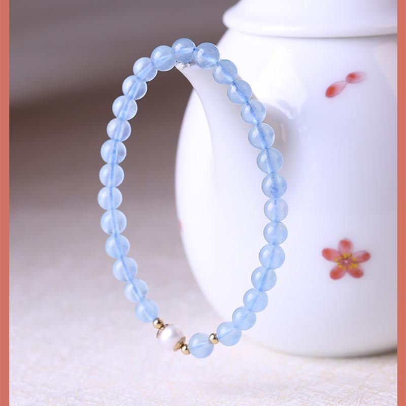 Natural aquamarine round bead bracelet paired with freshwater pearls and small gold beads, single-loop unisex bracelet, travel souvenir bracelet 6mm