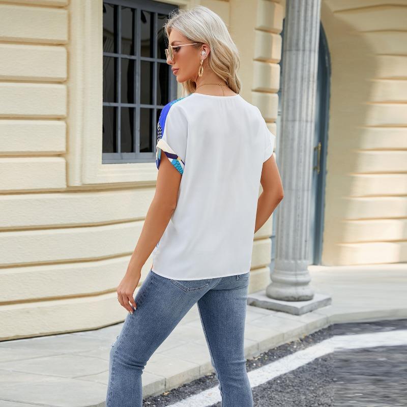 Summer New V-neck Geometric Print Loose Chiffon Shirt Women Short Sleeve Elegant Blouse Woman Loose Fashion Office Lady Tops 24074