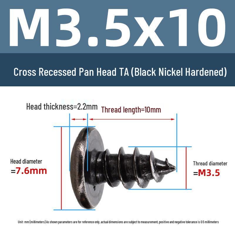 Yigu Black Nickel Hardened Phillips Flat Head Self-Tapping Screws M3-M5, Carbon Steel, Coarse Thread, Pointed Tail