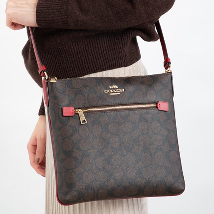 New COACH Rowan Canvas With Leather Document Bag, Crossbody Bag, Shoulder Bag Medium Women's Dark Brown & Red C1554-IMRVQ