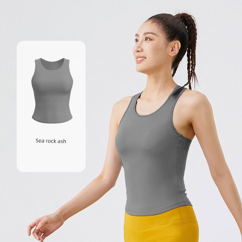 

New Yoga Vest Women s Belt Chest Pad One-Piece Sports Underwear Running Fitness Pilates Training Wear Top Sea rock ash S