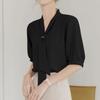 Ino Shirt Blouse Ribbon Top Short Sleeve Smooth Slimming Loose Fit Covers the Body Attractive Stylish Cute Plain Elegant Office Commuting Dates