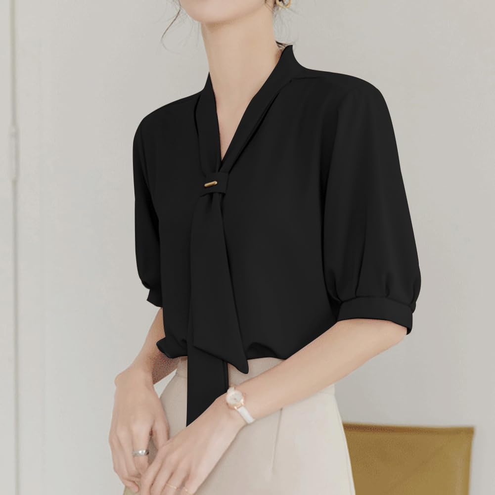 Ino Shirt Blouse Ribbon Top Short Sleeve Smooth Slimming Loose Fit Covers the Body Attractive Stylish Cute Plain Elegant Office Commuting Dates