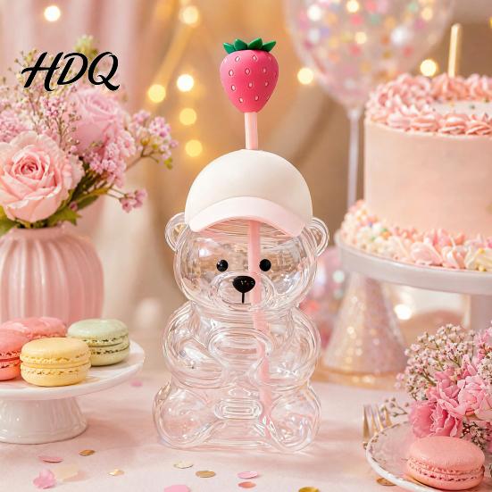 Transparent Drink Cup Cute Bear Glass with Straw & Lid 500/591ml Plastic/Glass Water Bottle for Juice With Cold/Hot Drinks Pattern Coffee