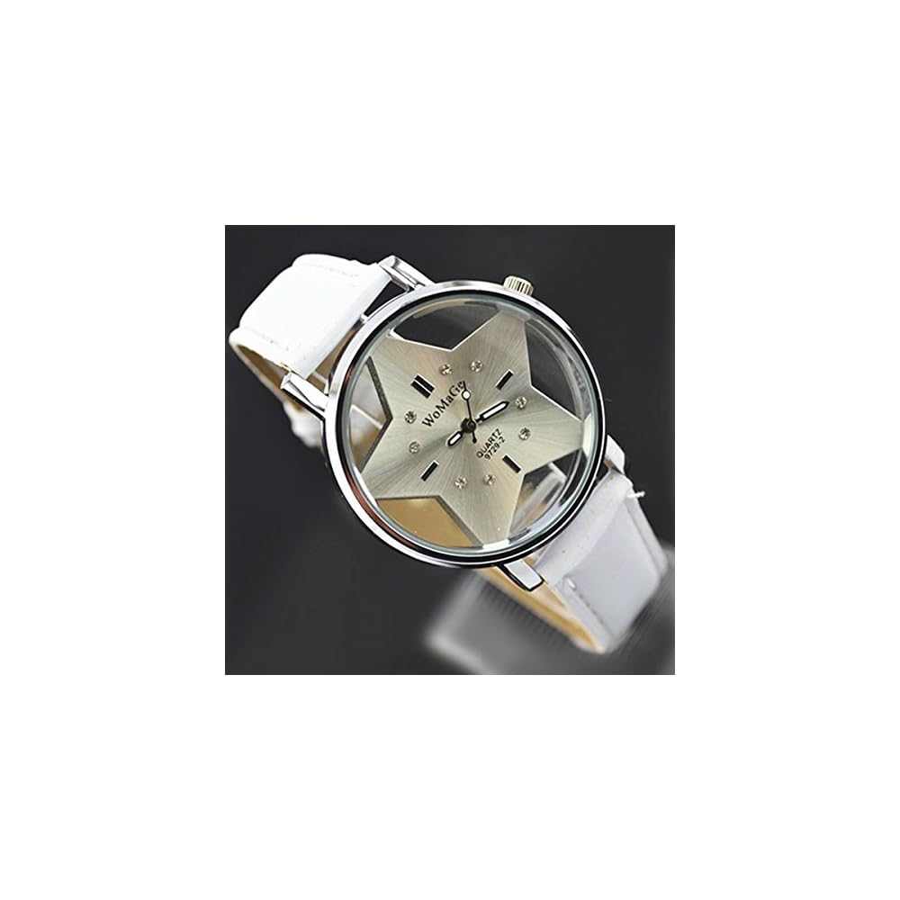 ZooooM Star Design Analog Quartz Watch White Fake Leather Band Unisex Fashion Timepiece