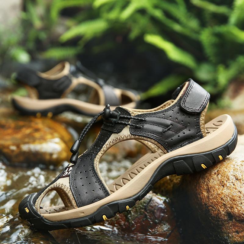 

Popular men s slippers first layer real cowhide summer hollow sandals outdoor breathable beach shoes men s outdoor wear 38