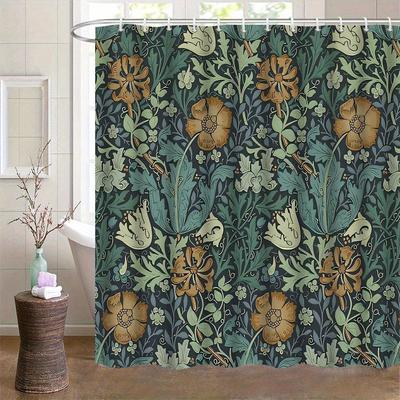 1 buc. Perdea de duș imprimată William Morris cu cârlige - Design floral verde închis și auriu, Decor baie pentru cadă și casă