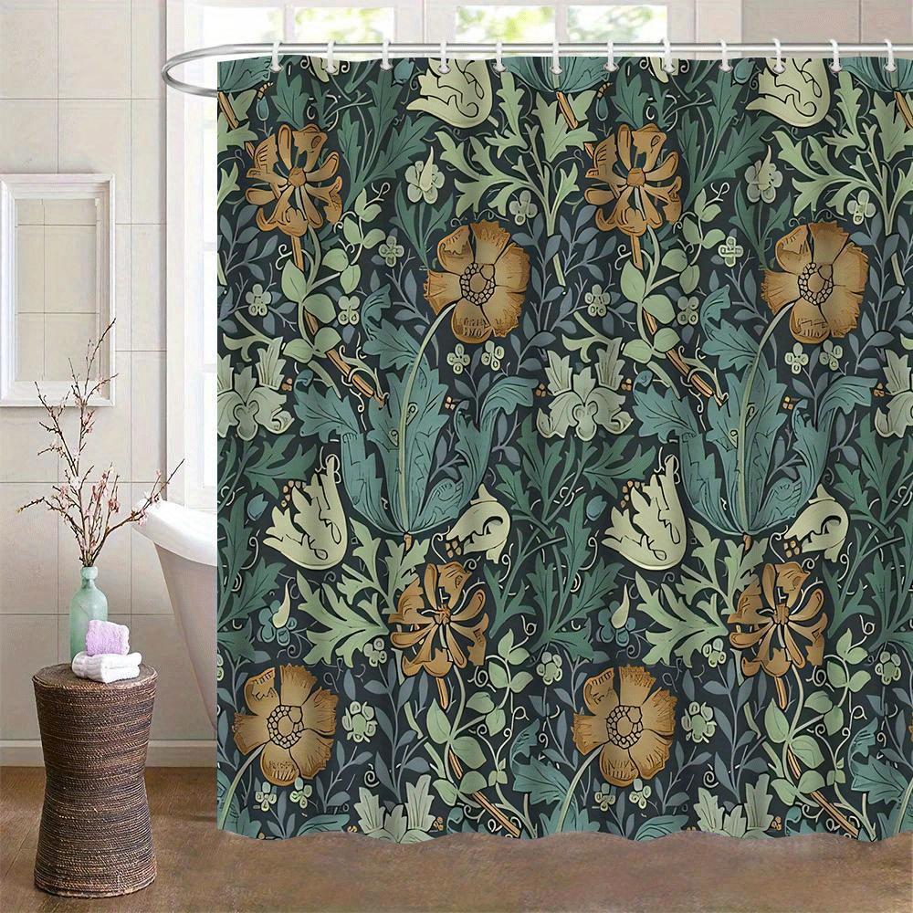 

1pc William Morris Printed Shower Curtain with Hooks - Dark Green & Golden Floral Design, Bathroom Decor for Bathtub & Home 90X180CM