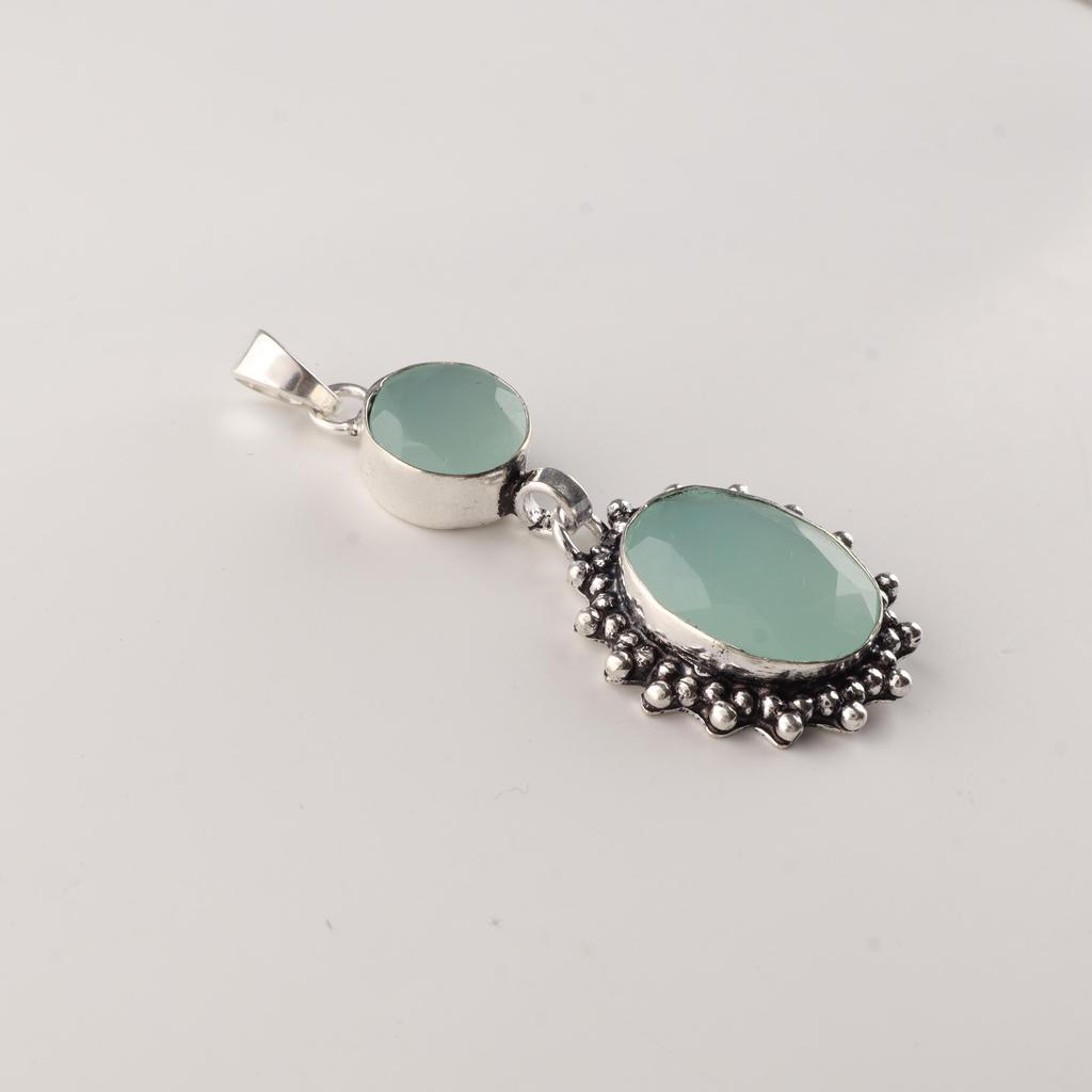 Aqua Chalcedony Gemstone 925 Sterling Silver Charm Pendant 1.7" Birthday Gift For Her VPP-4-16