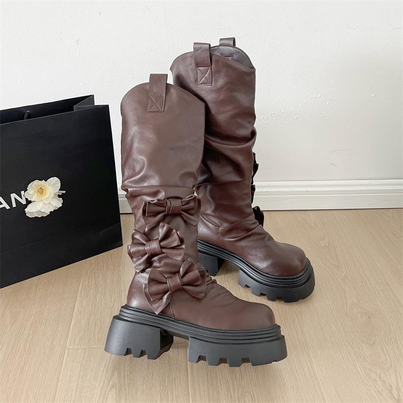 

Бантик маленький человек черные на толстой подошве увеличивающие рост ботинки женские 2025 новый летний ретро западный рыцарские ботинки 40 коричневый