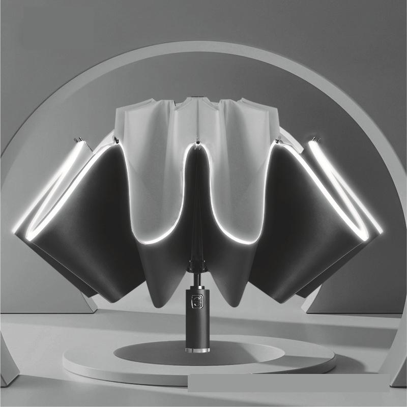 

Обратный зонт Полностью автоматический зонт Светоотражающий деловой солнечный зонт Черный клейкий солнцезащитный зонт с 10 усиленными ребрами