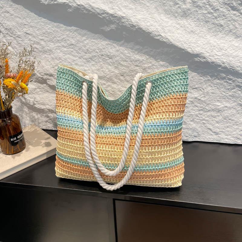 Casual Beach Handbag Strip Weave Bag Large Capacity Lazy Style Rainbow Beach Bag Bohemian Style Hollow Tote Bag Streetwear CLE