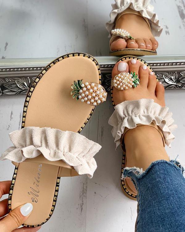 

Fashion Large size sandals 2025 summer new cute rhinestone pineapple toe slippers sweet lace flat shoes 37