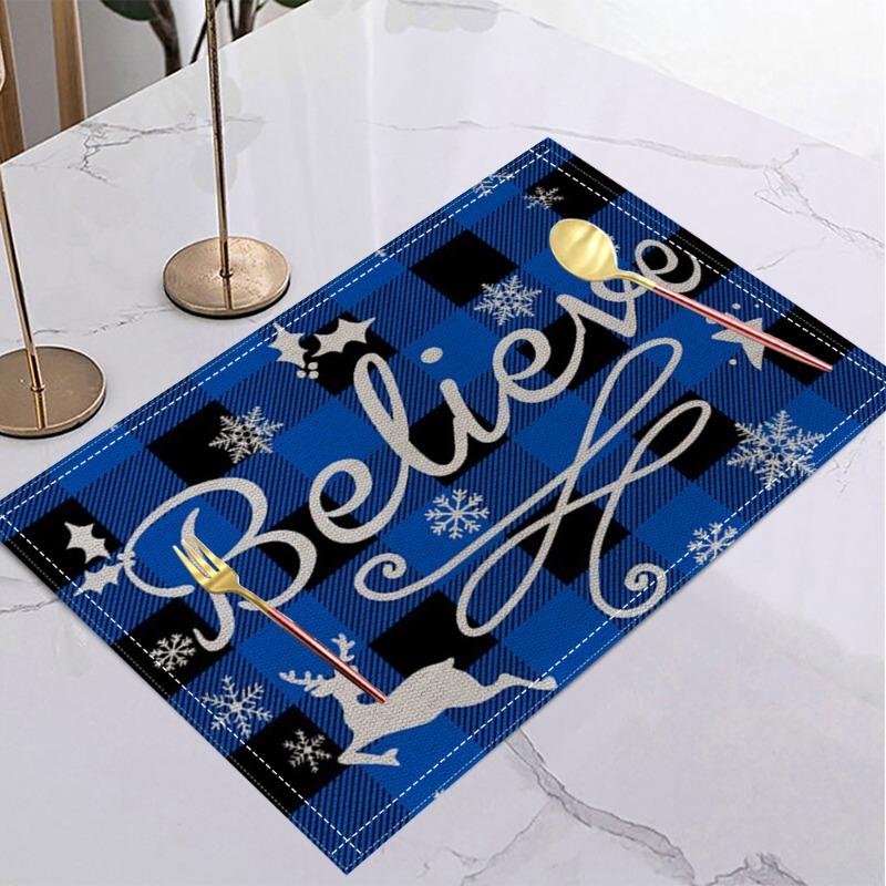 Christmas Linen Placemat Table Coffee Mat Navy Blue Reindeer Abstract Tree Snowflake Joyful Plaid Decorative Dining Holiday