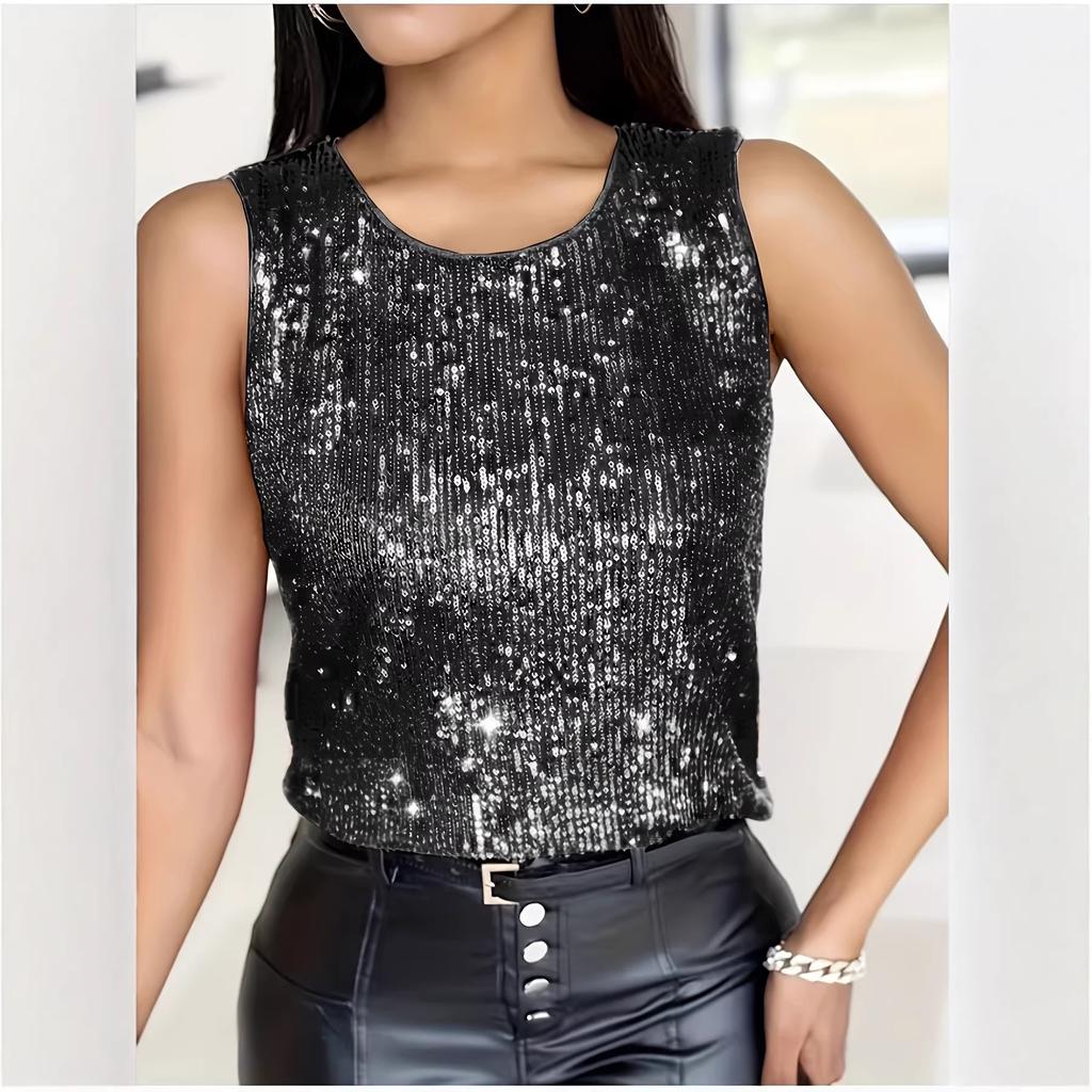 1116 European and American new women's clothing large size sequined solid color round neck sleeveless vest