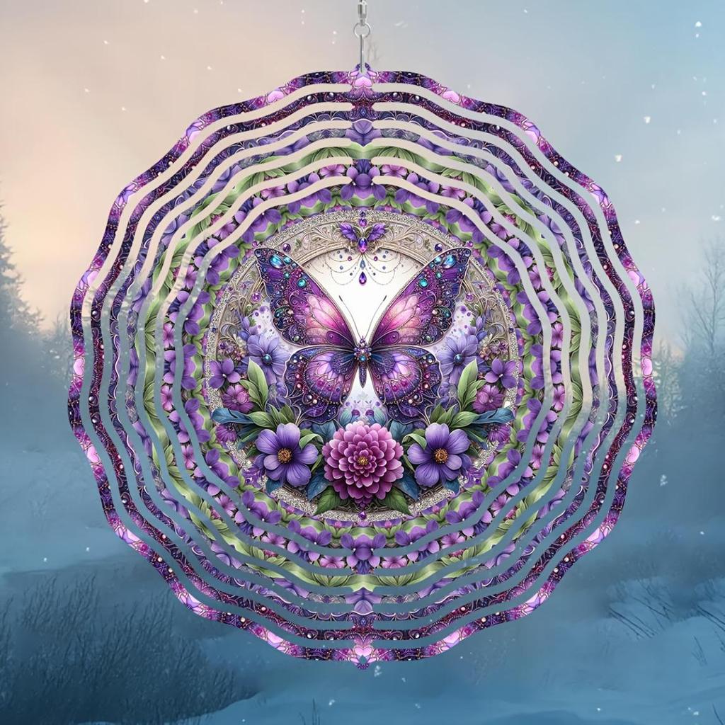 10-Inch Purple Butterfly Wind Spinner - 2D Laser-Cut Metal Garden Art with Geometric Design, 360° Rotating Hook for Indoor/Outdoor Decor