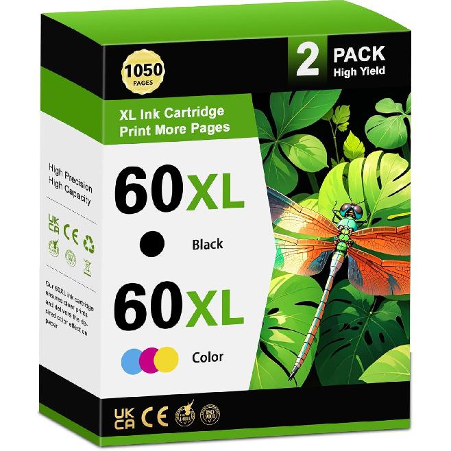 60XL Ink Cartridges Combo Pack (2 Pack,1Black/1Tricolor) -LOMENTI Compatible 60XL 60 Ink Cartridges Replacement for Envy 110 120 Deskjet F4480 F4580