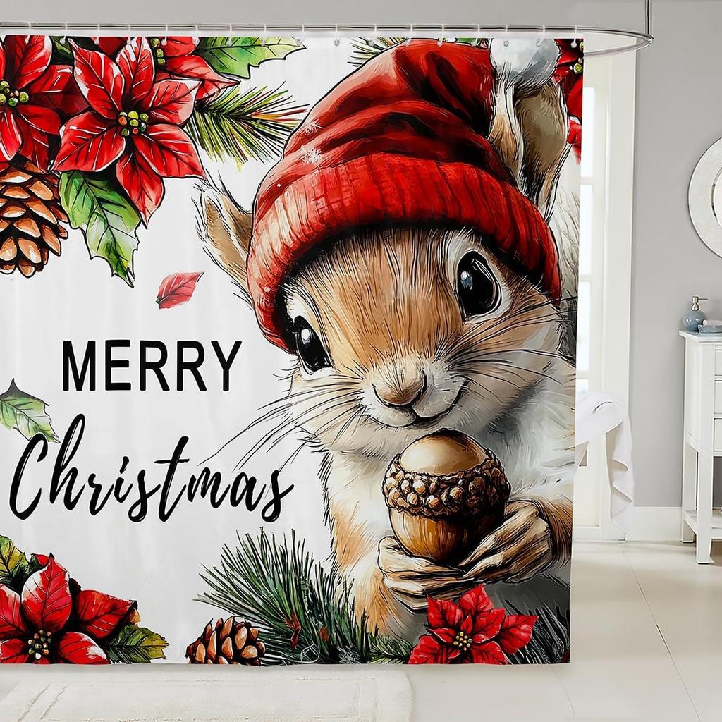 Christmas Cat Shower Curtain Cute Pet Cat Animal Bathroom Shower Curtain Sets, Xmas Decor Christmas Hat Fabric Shower Curtain