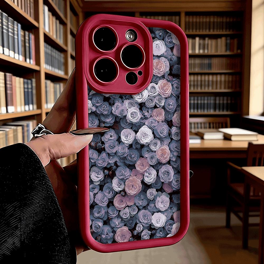 Dense Purple Rose Pattern Soft TPU Phone Case for iPhone 17 16 15 14 13 12 11 Pro Max Plus Shockproof Anti-Slip Cover