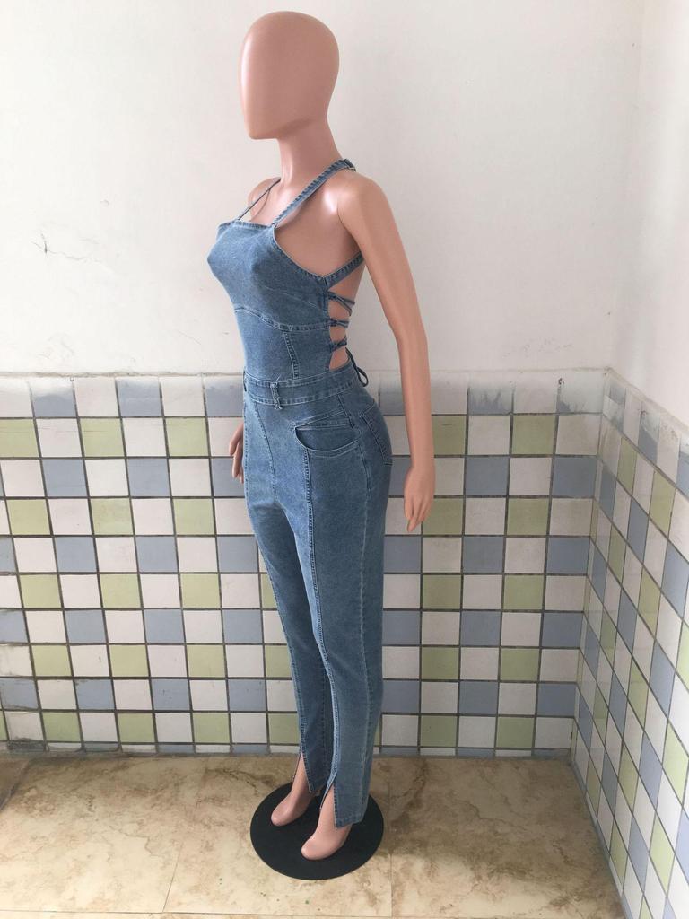 European American Casual Slim Backless Bandage Denim Jumpsuit