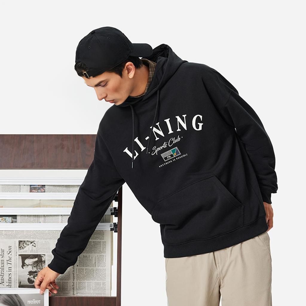 Li Ning Sports Lifestyle Series High Street American Vintage Letter Loose Hoodie Pullover Long Sleeve Fleece Sweatshirt Men Sweatshirt Black AWDU673-3