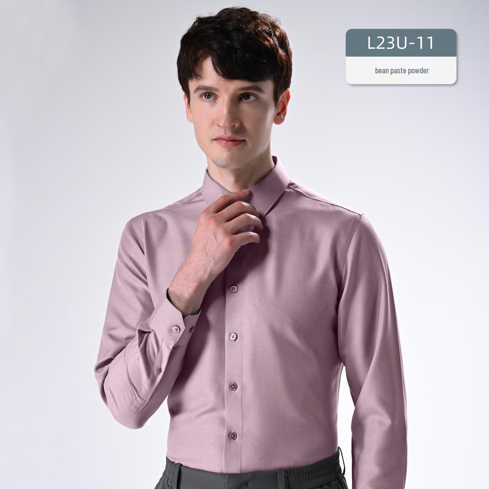 Men's Slim Fit Long Sleeve Modal Tencel Wool Shirt - Iron-Free, Machine Washable, Solid Color, Business Attire.