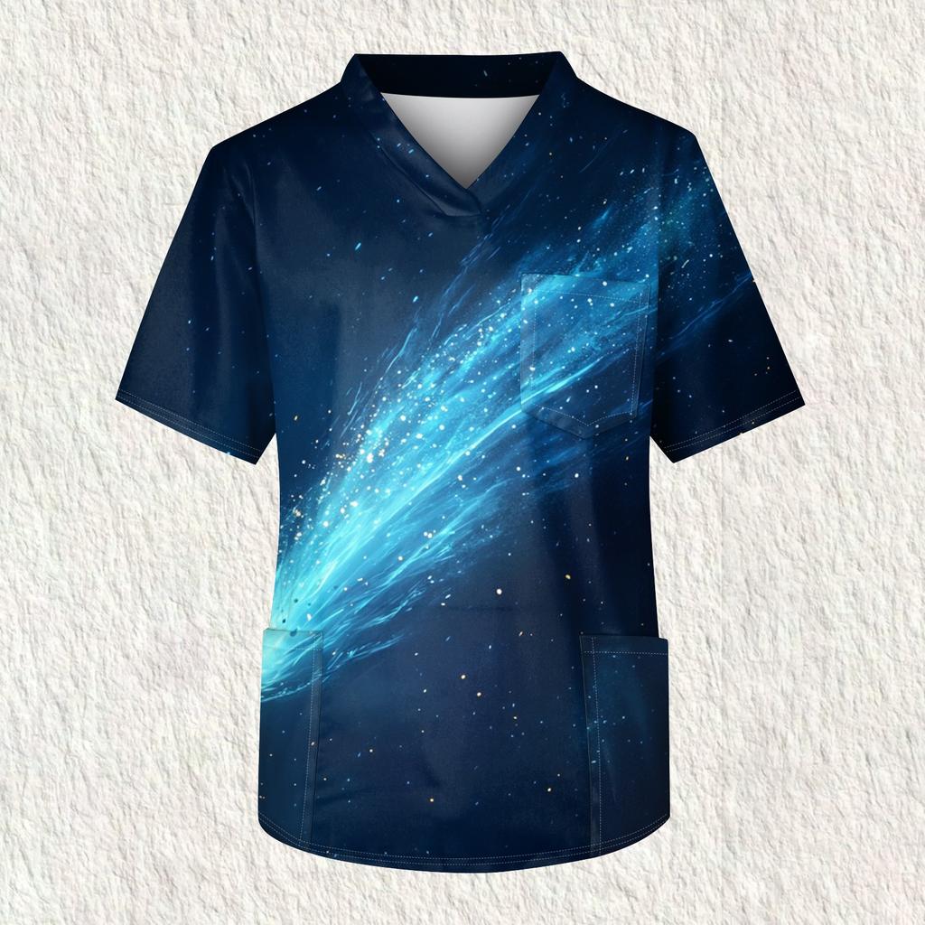 Men's Printing Short Sleeve V-neck Working Blouse Chest Pocket Carer Top
