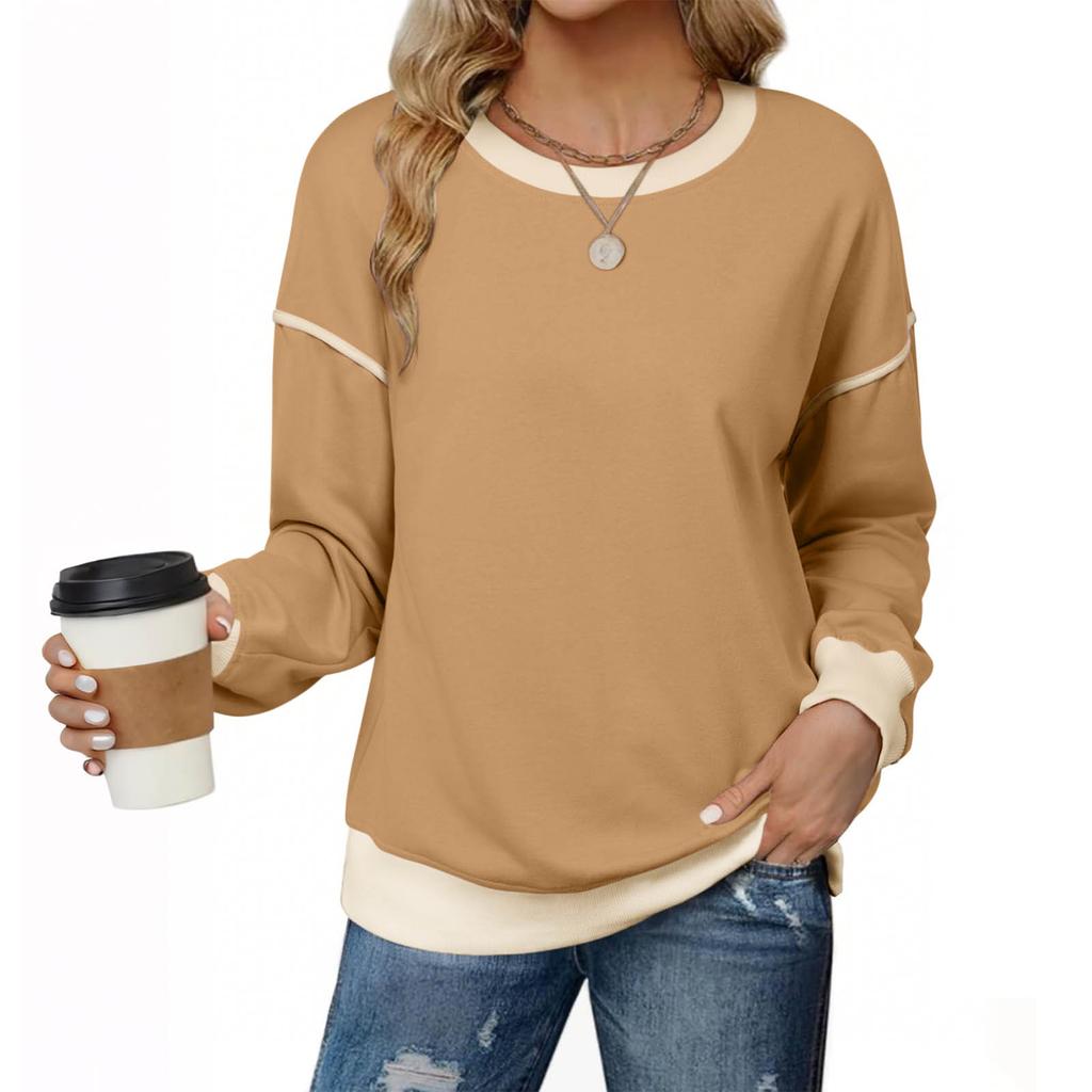 Women's Fashionable Round-Neck Wool Blend Long-Sleeve Color-Blocked Oversized Top
