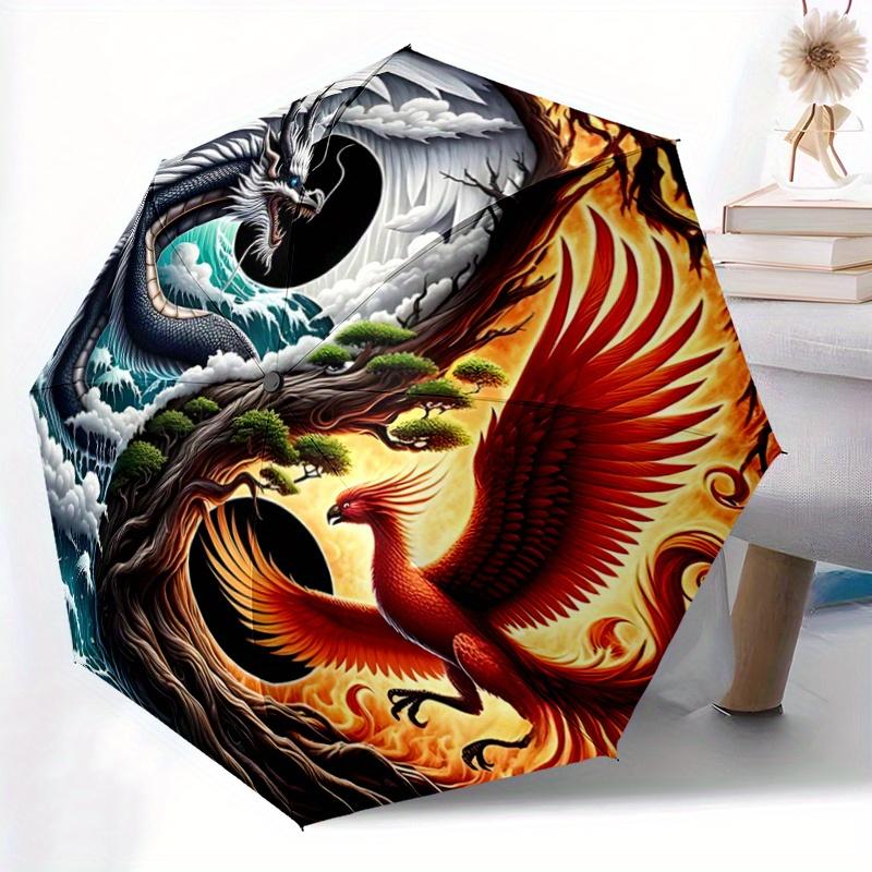 1pc Yin Yang Dragon Phoenix Auto-Open Close Umbrella: Portable Folding Design, 8-Bone Iron Frame, Outdoor, Festival Gift for Fans, Travelers, Dai