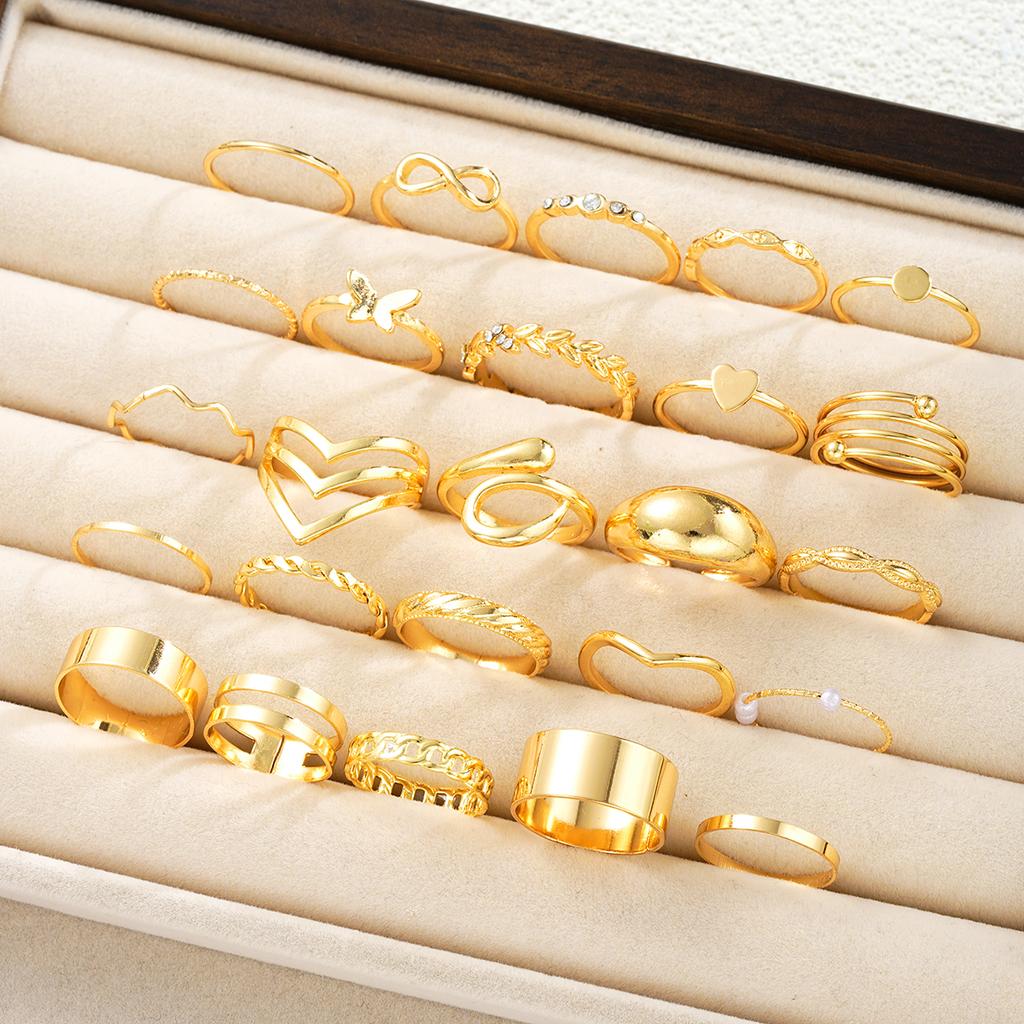 New 25Pcs/Set Vintage Gold Color Butterfly Ring Set Hollow Heart Imitation Pearl Zircon Rings Fashion Finger Jewelry Accessories
