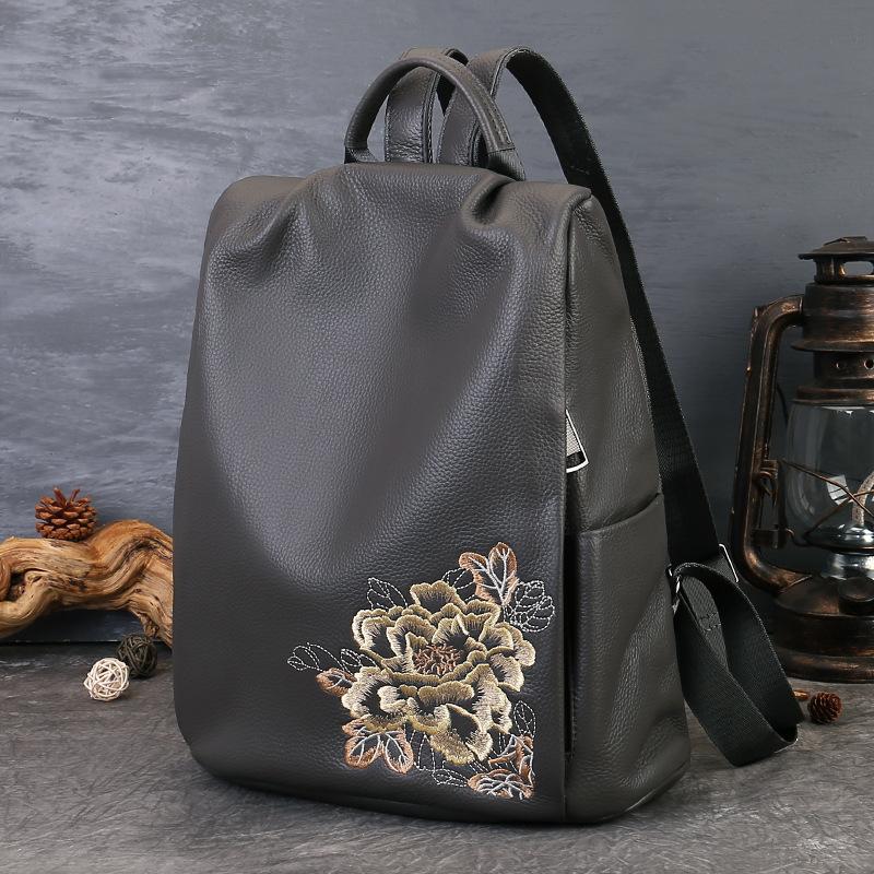 

Рюкзак из натуральной кожи, Весенняя вышитая сумка для мамы в китайском стиле, Вместительная сумка с защитой от краж, Женский рюкзак темно-серого