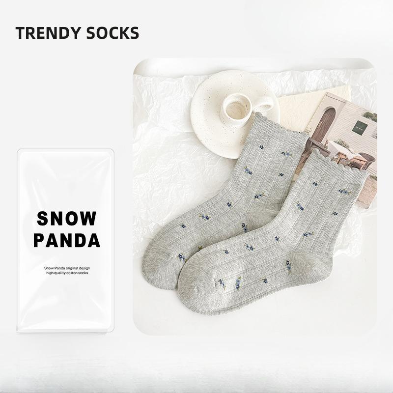 Sock Flowered Lace Socks for Spring and Summer Cotton Socks with Bows, Gray and White Mesh Breathable Women's Socks, Sweet Mid-calf Socks