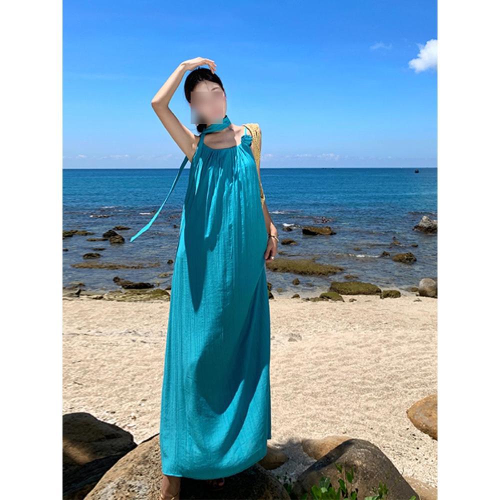 

Мятный Мамбо Приморский Курорт Атмосфера Пляжное Платье Платье с Вырезом Темперамент Феи Легкая Юбка XL- (recommended 110-60kg)