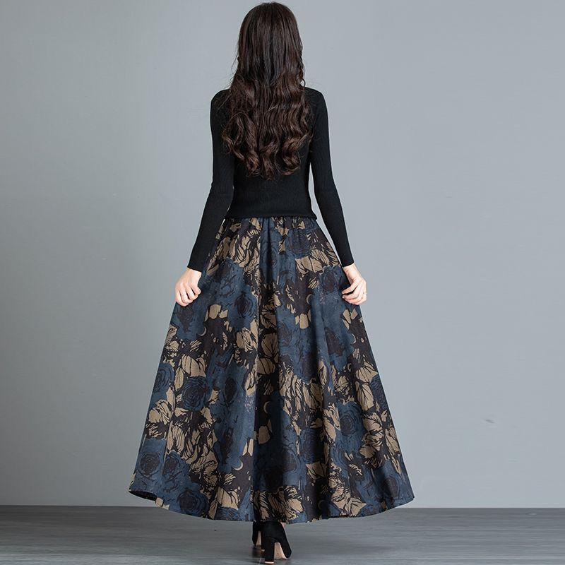 Women Autumn Clothing Pocket Skirt High Waist Vintage Floral Printing Elastic Waist Elegant Midi Skirts
