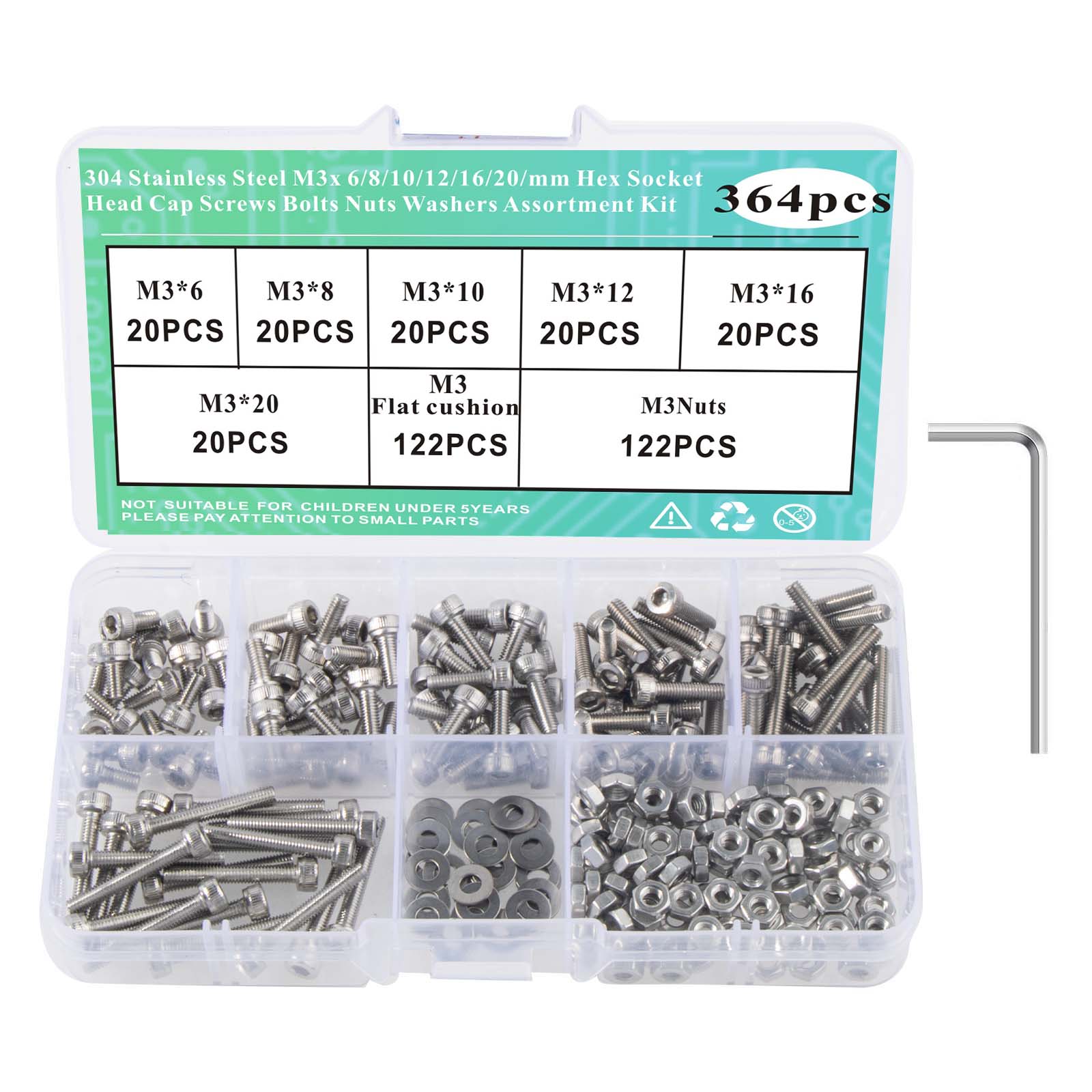 

364/645Pcs M3 Hex Socket Head Cap Screws,304 Stainless Steel Hex Socket Head Cap Screws Bolts Nuts Washers Assortment Kit