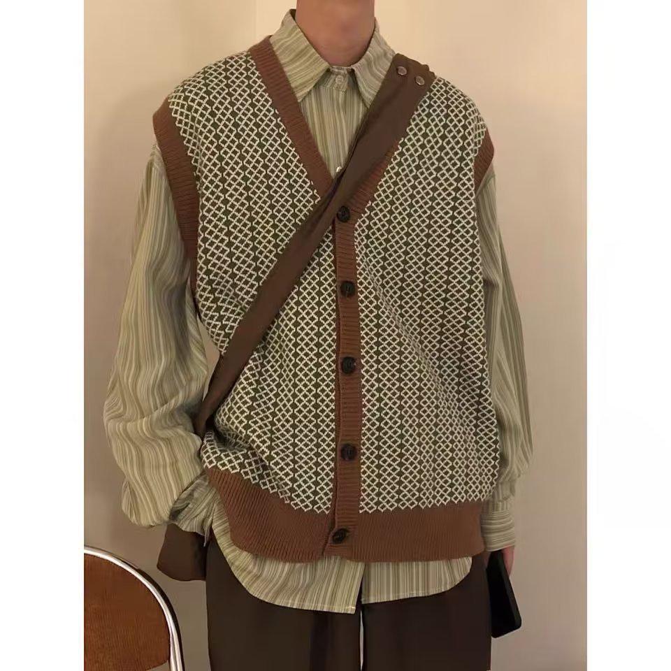 

Мужской вязаный кардиган-жилет кофейного цвета 2024: Свободный, Американский и Японский стиль, Тренд Осень/Зима XL