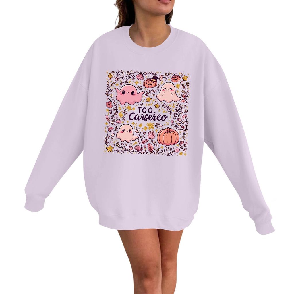 Women's Casual Fashion Long Sleeve Halloween Print Pullover Round Neck Sweatshirt