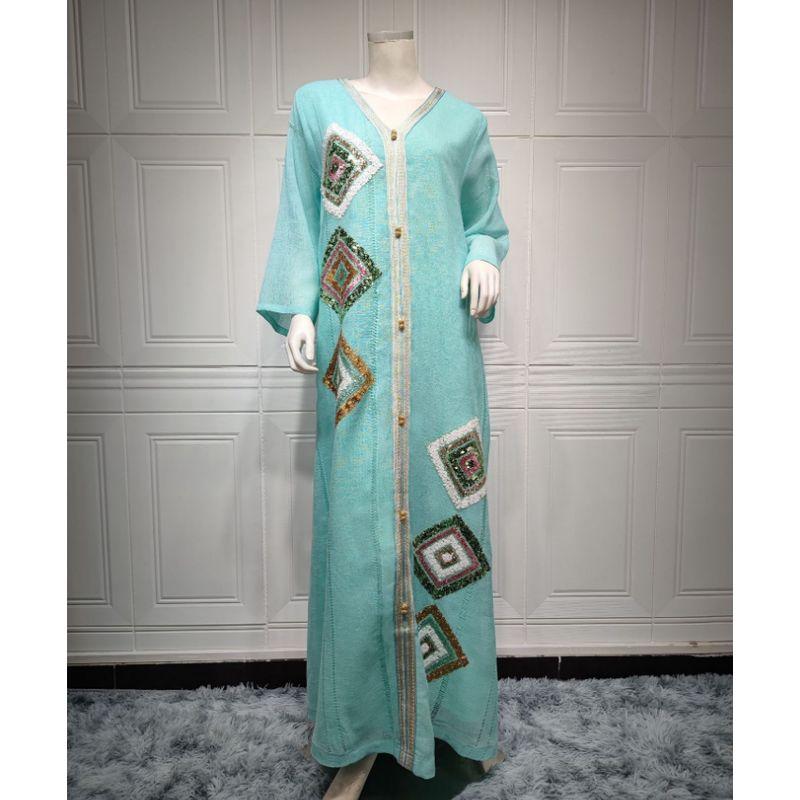 

Fashion Elegant Cotton Linen Sequin Embroider Dress Fashion Long Skirt Sequin Embroidered Dress Light blue 2XL