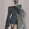 "American Hot Girl Fashion One-Shoulder Knitted Short Sweater Dress for Women - Autumn/Winter"
