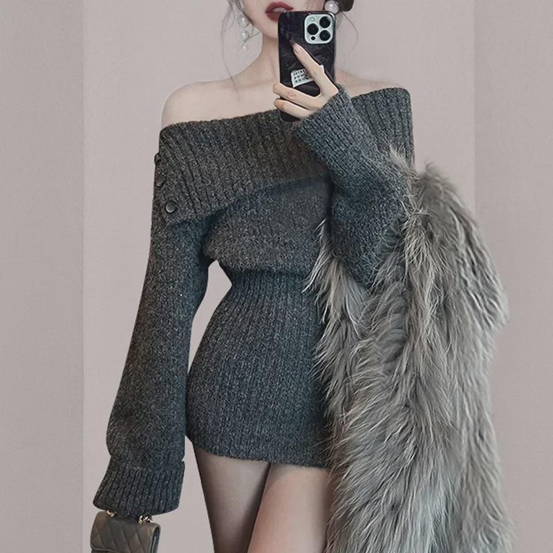 "American Hot Girl Fashion One-Shoulder Knitted Short Sweater Dress for Women - Autumn/Winter"