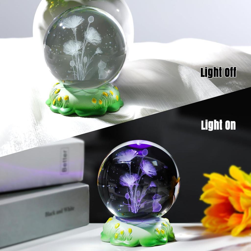 K9 Crystal Ball with Cute Cat and Carnation Bouquet, LED Light Base, Birthday Gift for Mom, Gift for Women, Mother's Day Gift