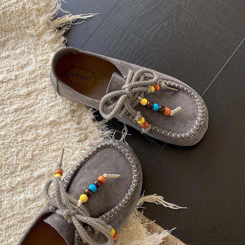 Women's Flat Shoes Round Toe Lace-up String Bead Increased Internal Shoes Retro Suede High-heeled Spring and Autumn Single Shoes