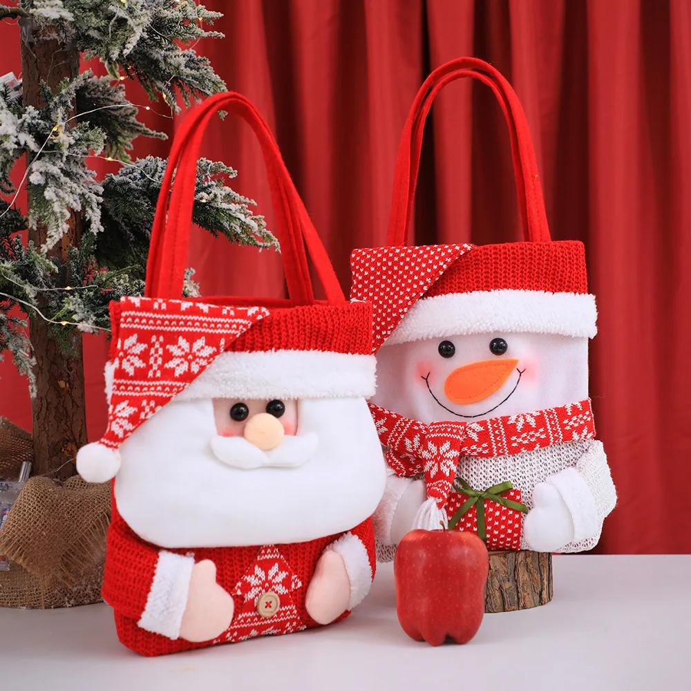 2026Christmas Knit Gift Bag Cute Cartoon Apple Candy Handbag Plush Santa Claus Snowman Elk New Year Christmas Eve Decoration