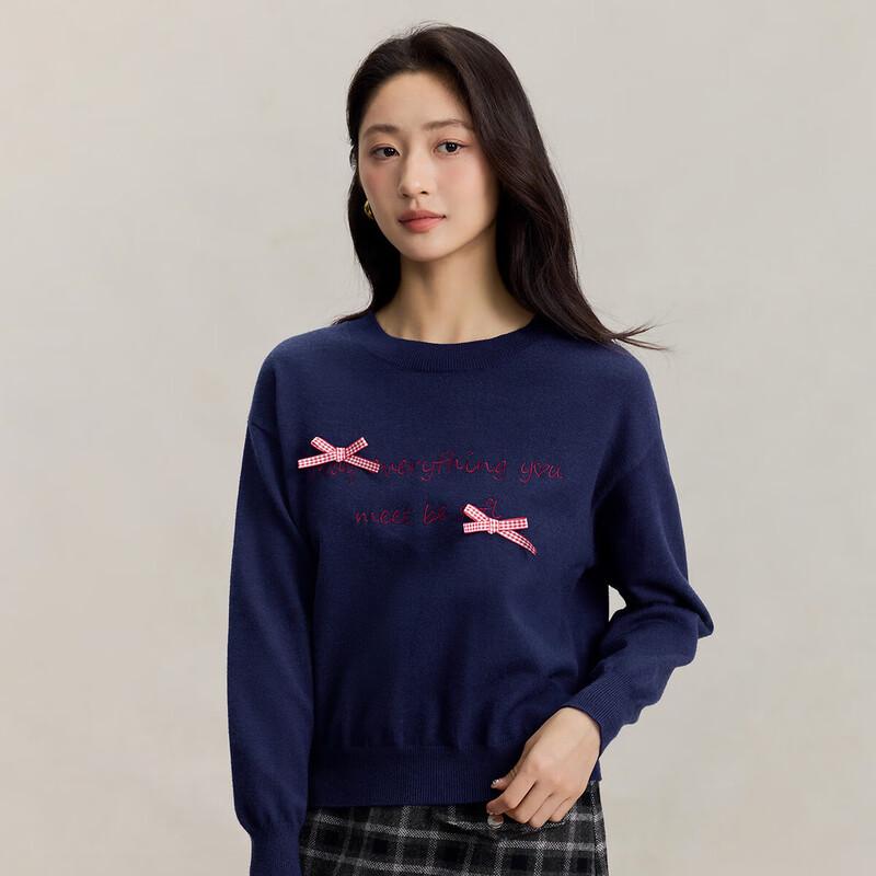 INMAN Women s Embroidered Bow-Knot Round Neck Pullover Sweater XL