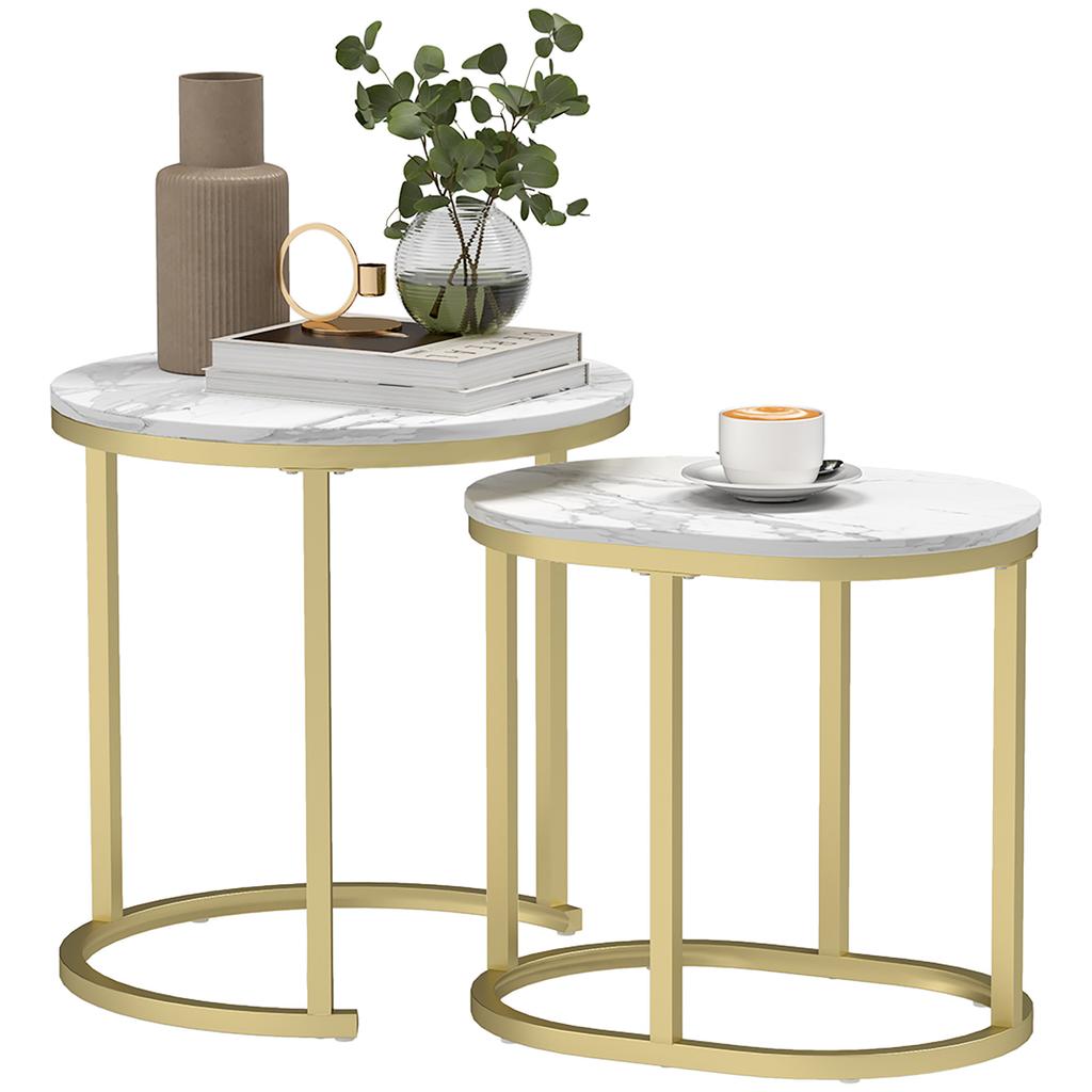 Tischset mit Stahlrahmen und Tischplatte aus Kunstmarmor, Modernes Kaffeetisch-Set aus 2 Teilen, Goldfarben/Weiß
