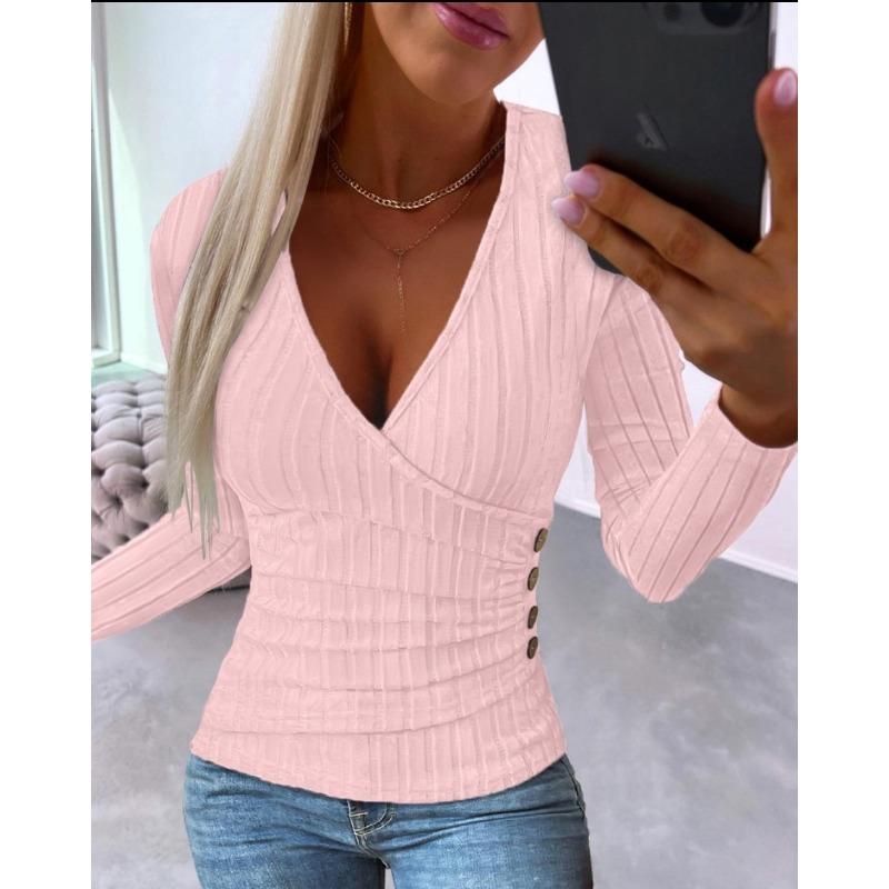 Women's Fashion Casual Solid Color Print Long Sleeve V Neck Blouses & Shirts