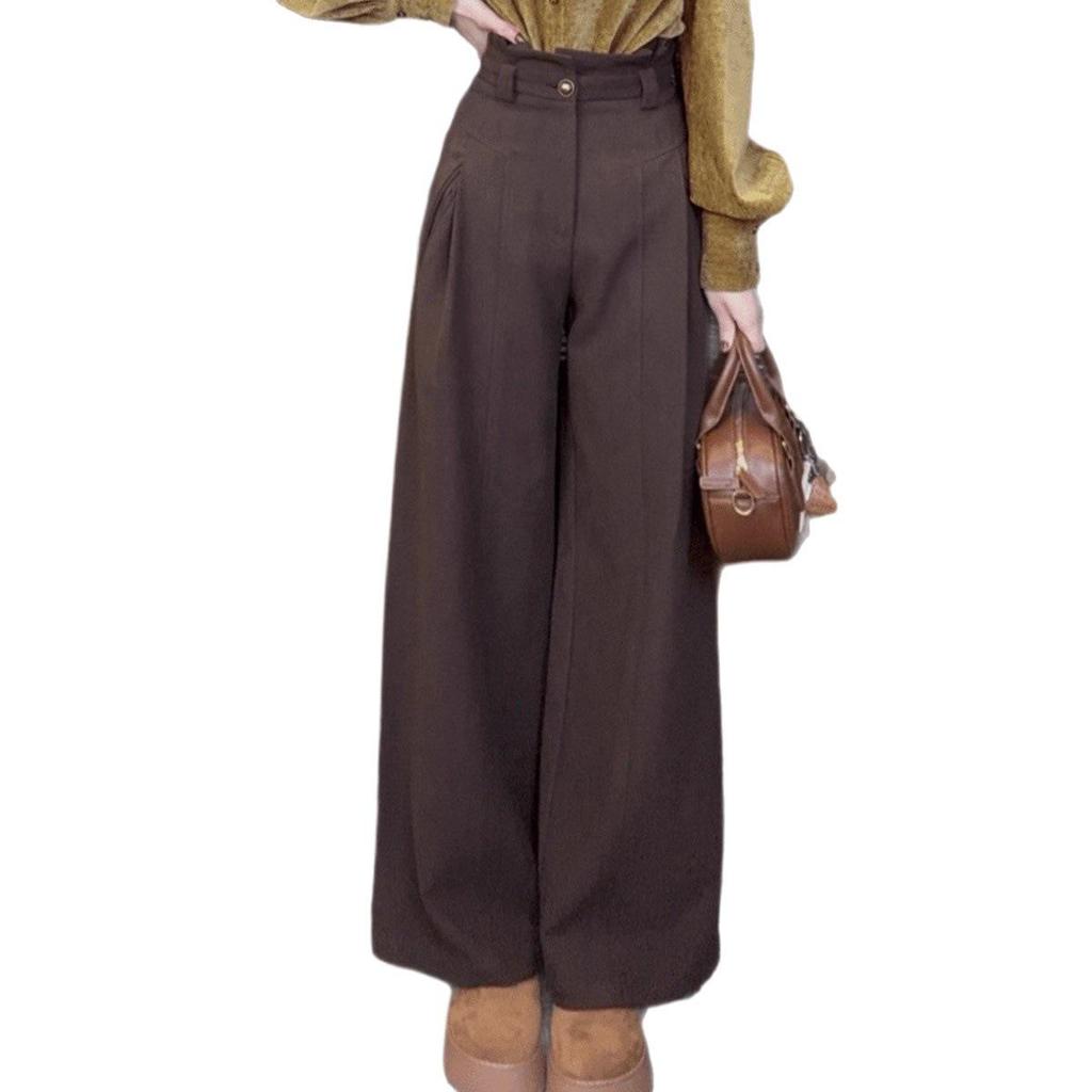 Women's Retro Brown High-Waist Wide-Leg Pants - Slimming, Versatile, Draping, Straight-Leg Style for Spring and Autumn